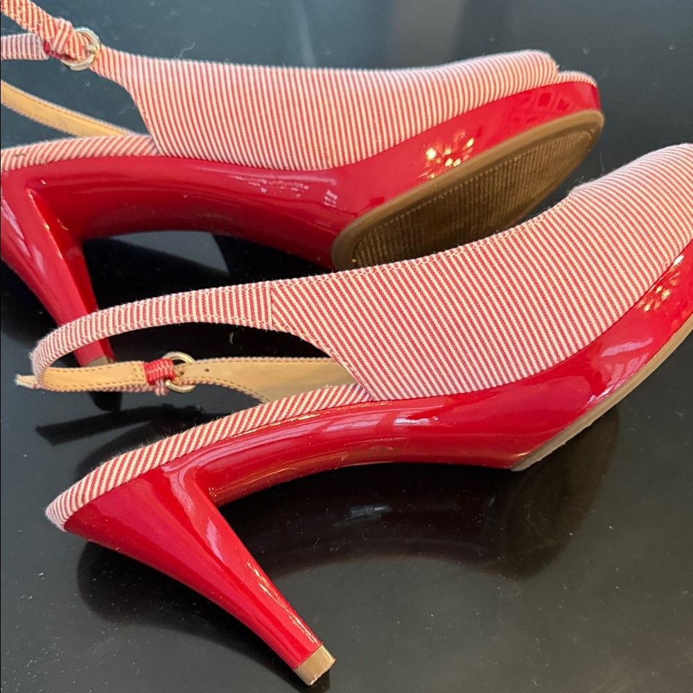 Aubrey Lynn Red Striped Slingback Peep-Toe Heels - Picture 5 of 5